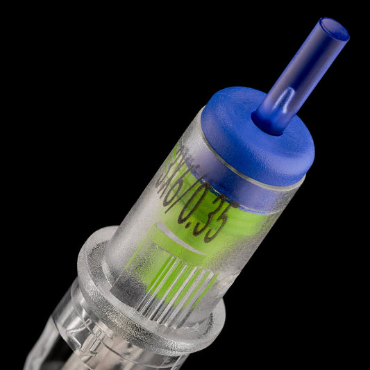 Close-up of a blue tattoo cartridge membrane.
