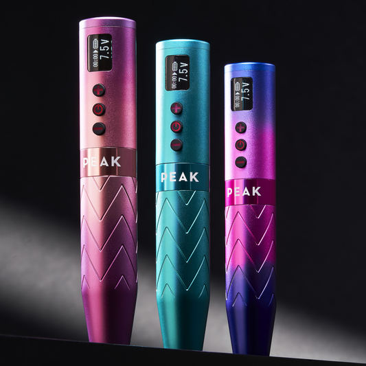 Three PEAK tattoo pen machines in pink, teal, and purple ideal for first tattoo machine