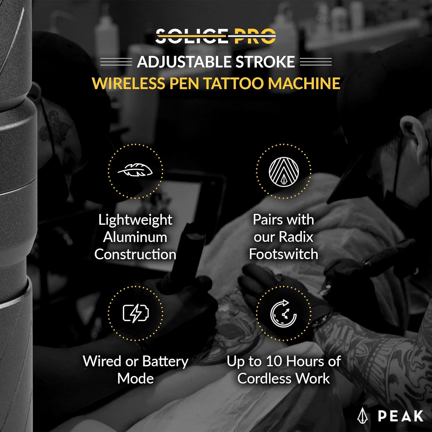 Solice Pro Adjustable Stroke Wireless Pen Tattoo Machine - Peak Needles