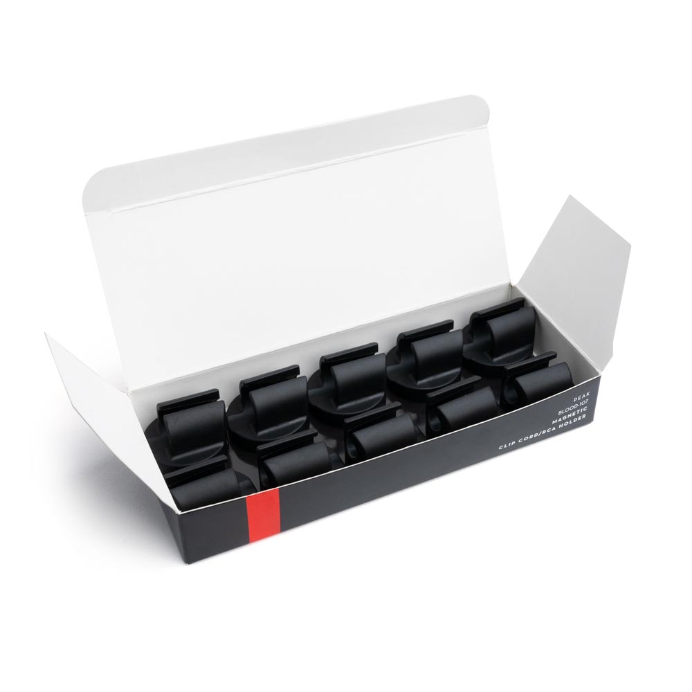 Open box of ten Magnetic Clip Cord/RCA Holders on white background