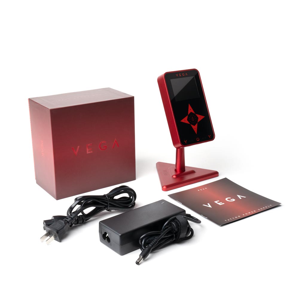 Vega Tattoo Power Supply with Magnetic Mount — Red (box contents)