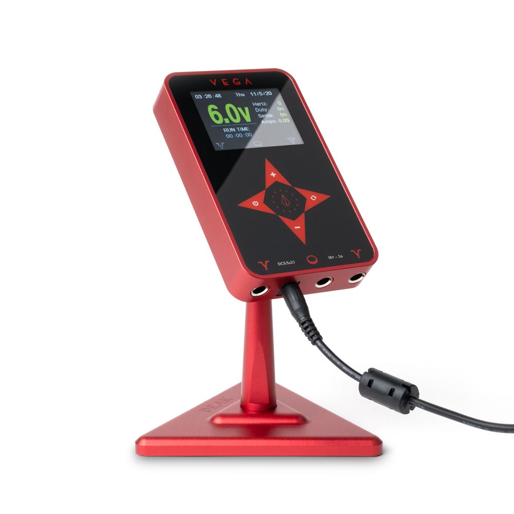 Vega Tattoo Power Supply with Magnetic Mount — Red (plugged in)